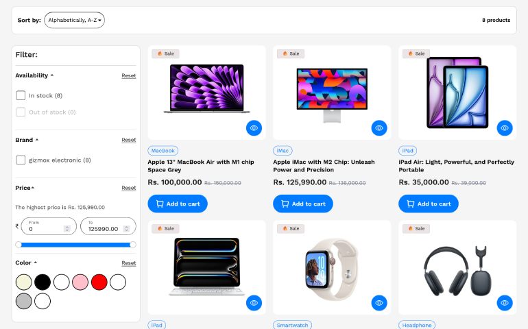 GizmoX collection page with filters
