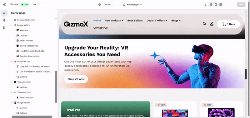 Shopify theme editor showing GizmoX drag and drop sections