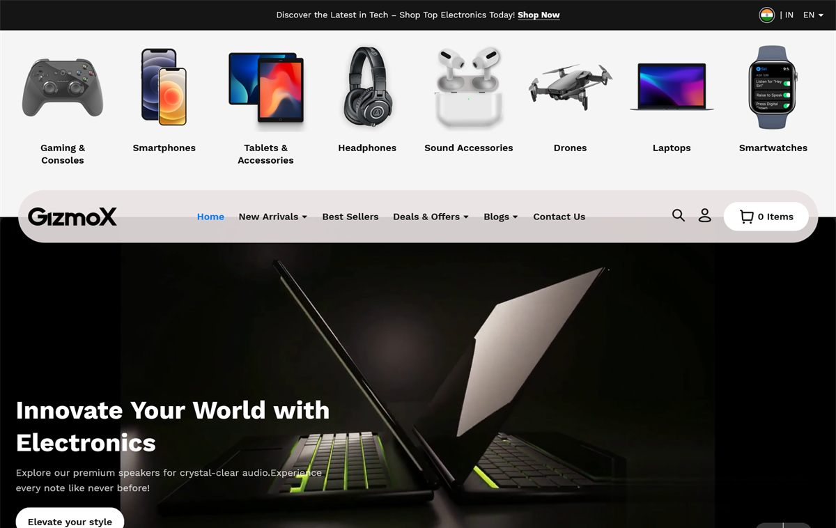 GizmoX theme homepage on desktop