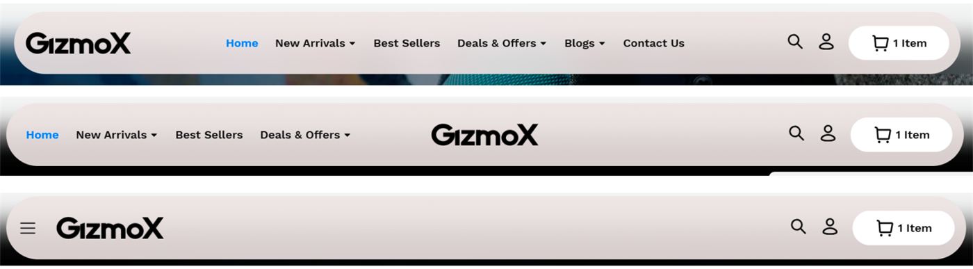 Three header style variations of the GizmoX theme
